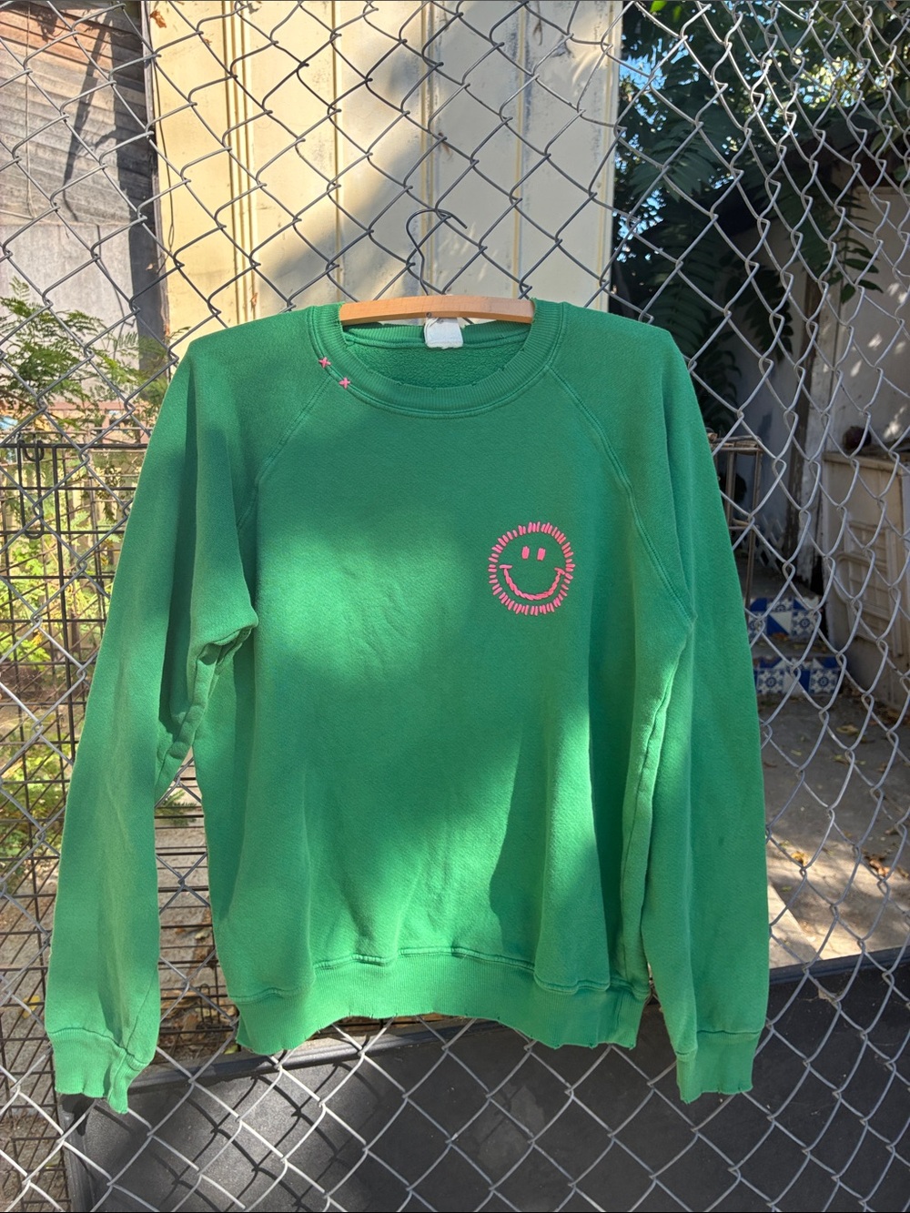 I Stole My Boyfriend’s Shirt Green Distressed Sweatshirt Smiley Face